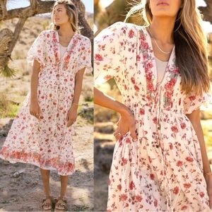 Free People Floral Lysette Maxi Dress Small V-Neck in Cream and Red